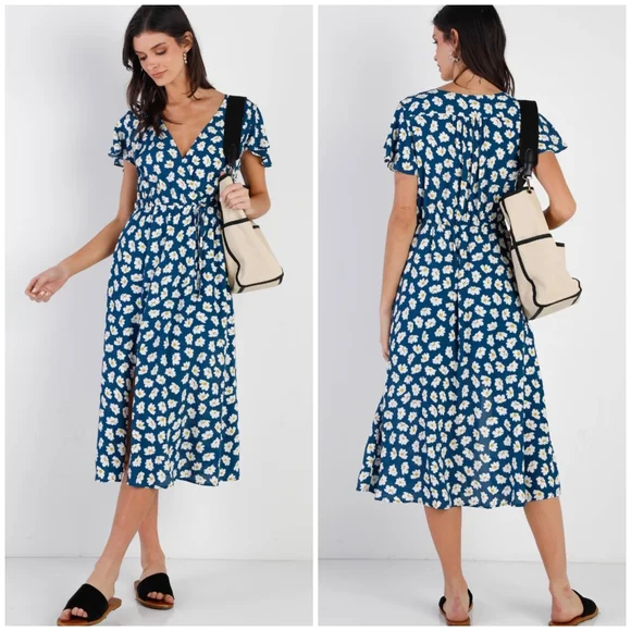 LAST ONE❗️SUGAR+LIPS Boho Chic Feminine Dark Teal Floral Midi Dress - Picture 3 of 4